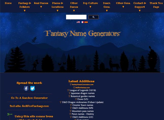 Capture d'écran du site Fantasy Name Generators