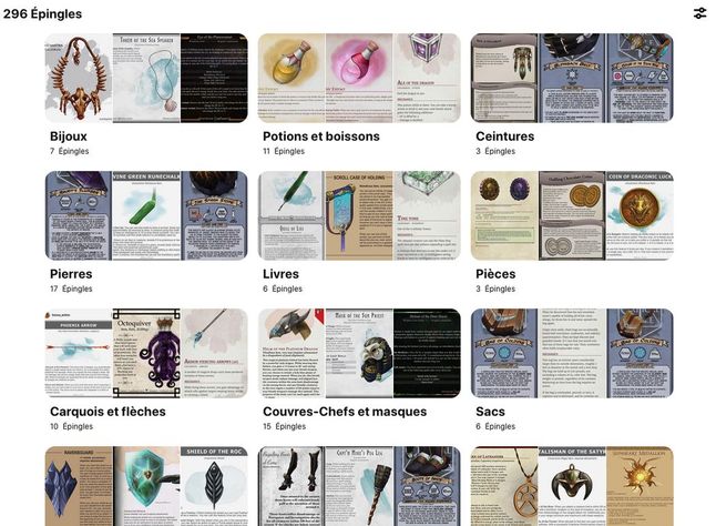 Capture d'écran du site Pinterest avec des tableaux dédiés aux objets magiques